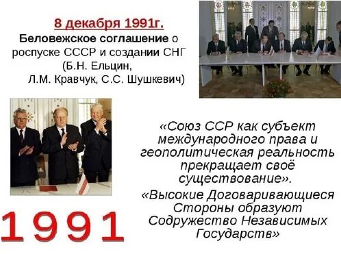 8 декабря 1991 года был подписан. 1991 8 Декабря Беловежское соглашение распад СССР. Ельцин Кравчук и Шушкевич Беловежское соглашение. Подписание Беловежского соглашения о роспуске СССР. Участники Беловежского соглашения 1991 года.