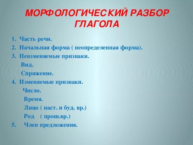 Повисли 3 разбор. Морфологический разбор глагола как часть речи 4 класс. Разбор глагола как часть речи 5 класс образец. Порядок морфологического разбора глагола 4 класс. Морфологический разбор глагола памятка.