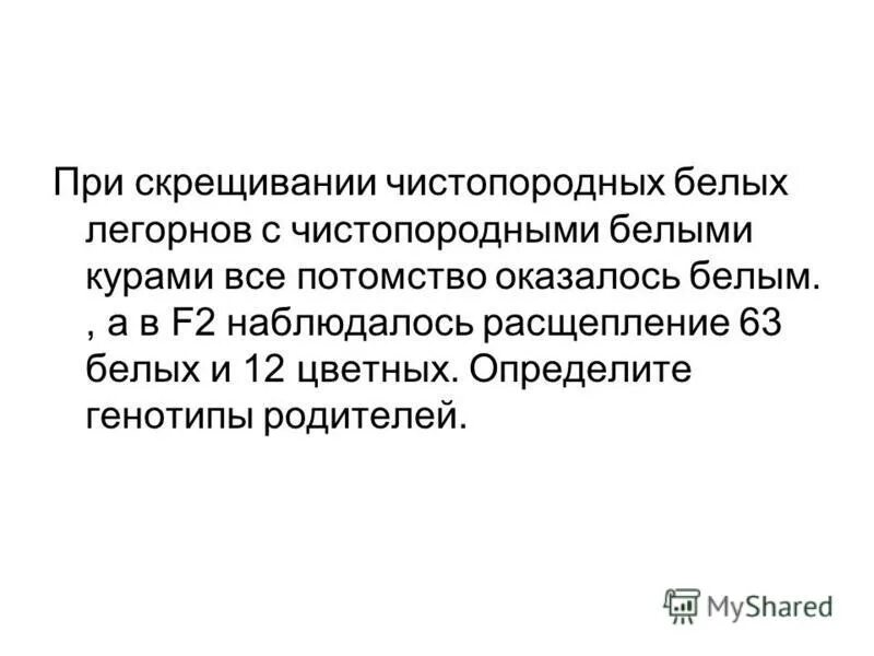 Генотип чистопородного. При скрещивании двух чистопородных белых голубей с черными. При скрещивании кур. При скрещивании серых кур с белыми. При скрещивании серых кур с белыми все потомство оказалось.