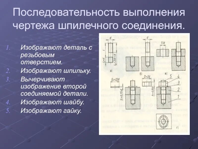 Для соединения деталей используют. Последовательность выполнения чертежа. Разъемные и неразъемные соединения черчение. Последовательность выполнения чертежа шпилечного соединения. Разъемные и неразъемные соединения деталей техническая механика.