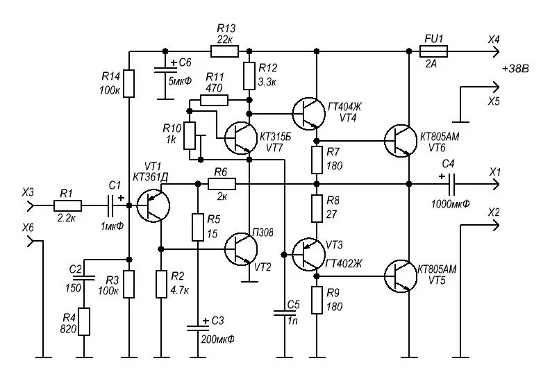 Каскад унч. Усилитель мощности на транзисторах кт805. Усилитель НЧ на транзисторах кт805. Схема усилителя мощности на транзисторах п217. Усилитель звука 1 ватт на транзисторах.