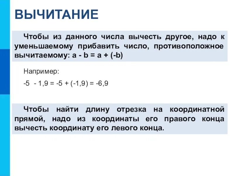 К уменьшаемому прибавить число противоположное вычитаемому. Вычитание числа из отрицательного числа. Чтобы из данного числа вычесть другое надо. Из числа вычитаем отрицательное число. Из 0 вычесть число