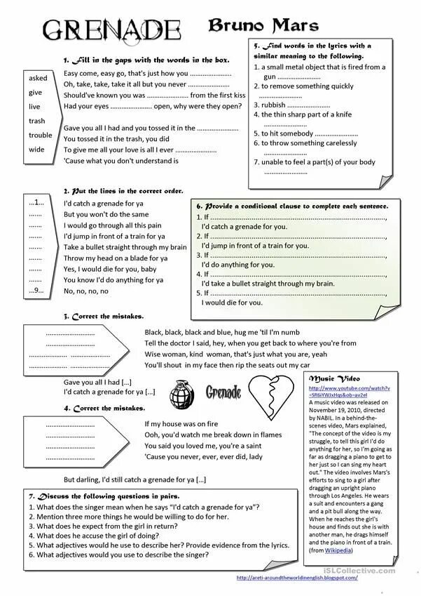 Текст песни гренада. Grenade Bruno Mars текст. Bruno Mars Grenade Lyrics. Bruno Mars Grenade Worksheet.