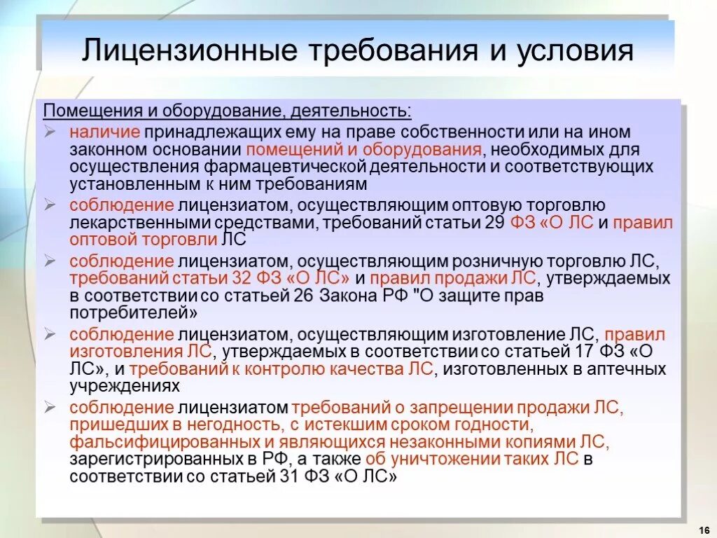 Федеральные законы относятся к нормативным документам. Требования к лицензированию. Лицензионные требования к аптечным организациям. Лицензионные требования и условия. Требования для лицензирования фарм деятельности.