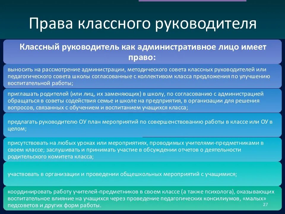 Полномочия классного руководителя. Классный руководитель имеет право.