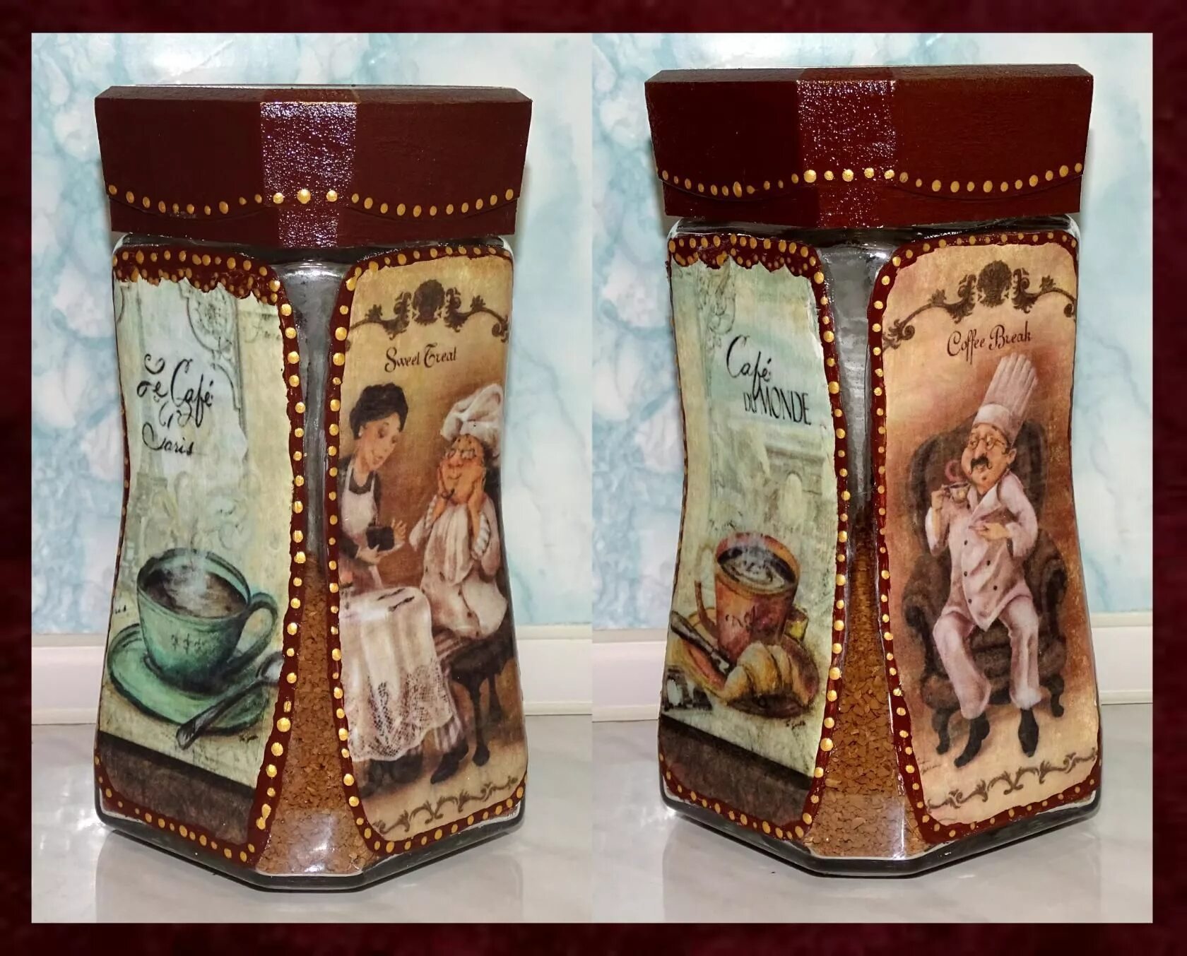 Декор баночек для кофе. Декупаж баночки для кофе. Декупаж кофейных баночек. Декупаж кофейных баночек. Банка кофе декупаж.