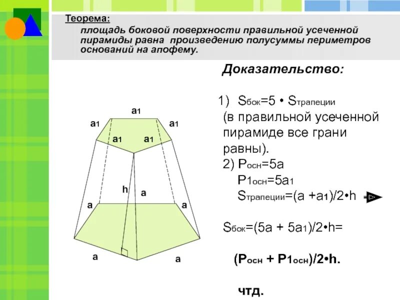 Площадь боковой поверхности равна произведению на апофему. Правильная четырехугольная усеченная пирамида формулы. Правильная усеченная пирамида площадь боковой поверхности. Усеченная пирамида формула площади поверхности. Площадь усеченной пирамиды четырехугольной.