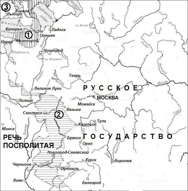 Карте обозначены государства. Напишите названия государств. Напишите название периода Отечественной истории. Укажите название государства обозначенного цифрой 1.