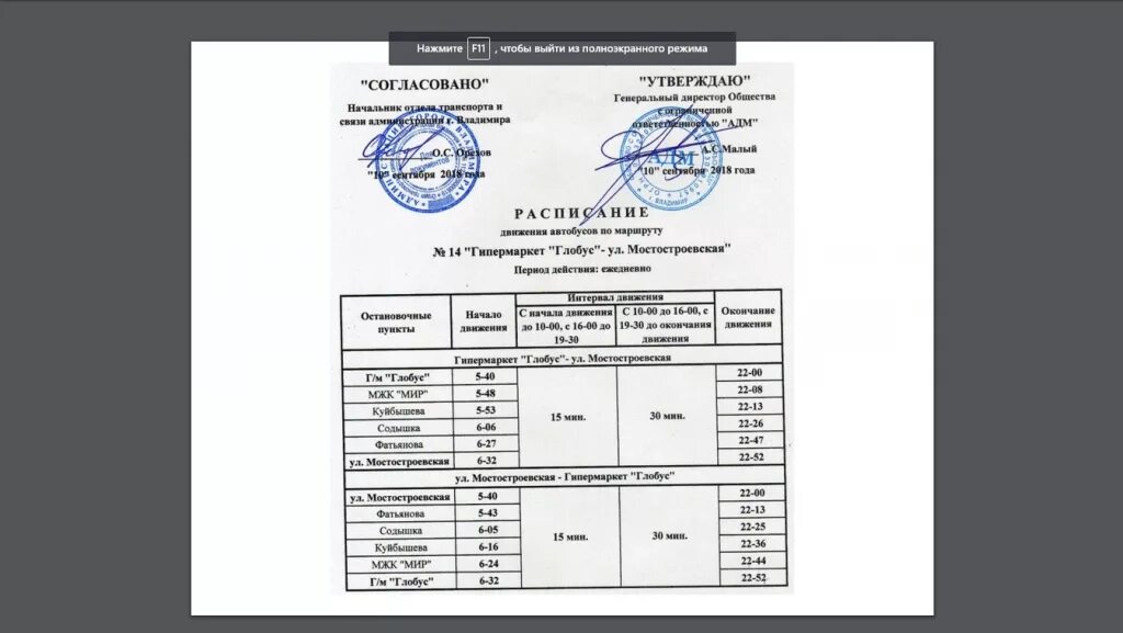 Расписание автобусов 14 маршрута во Владимире.