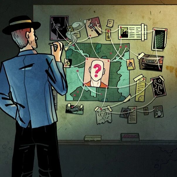 Investigation board. Crime evidence connections chart, pinned newspaper and phot