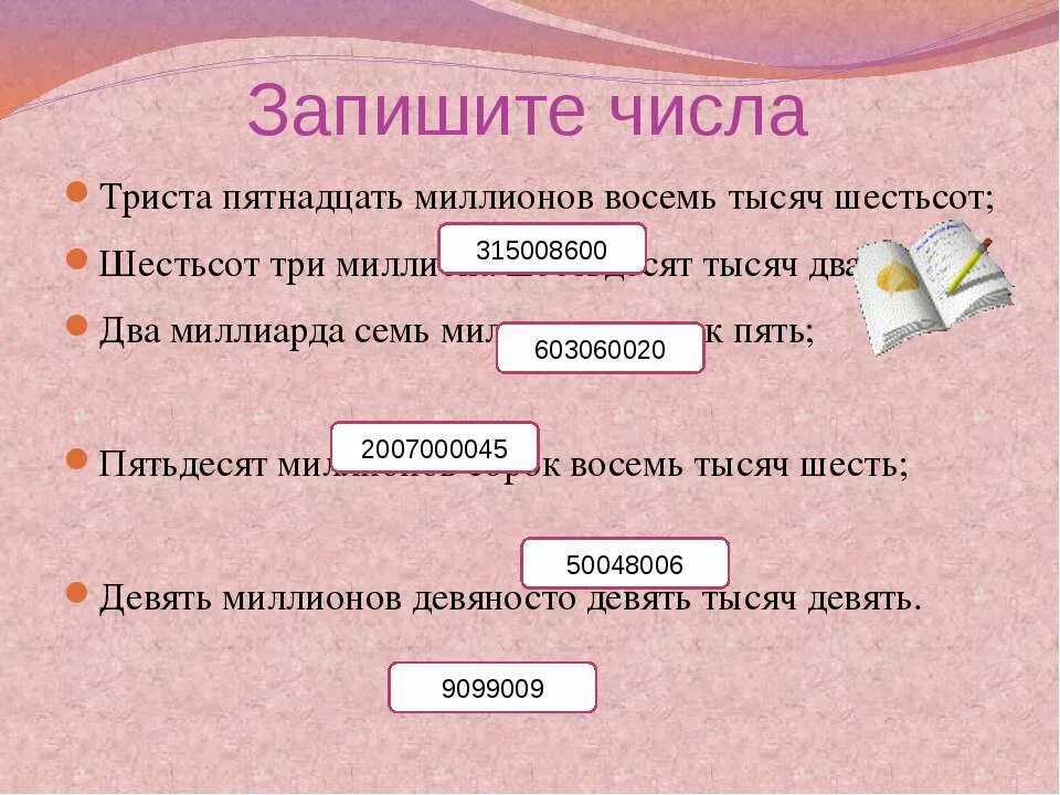 Тысяча шестьсот пятьдесят семь. Запишите цифрами число триста пятнадцать тысяч шестьсот. Триста пятнадцать миллионов восемь тысяч шестьсот. Восемь миллионов две тысячи три. Три миллиона шестьсот тысяч.