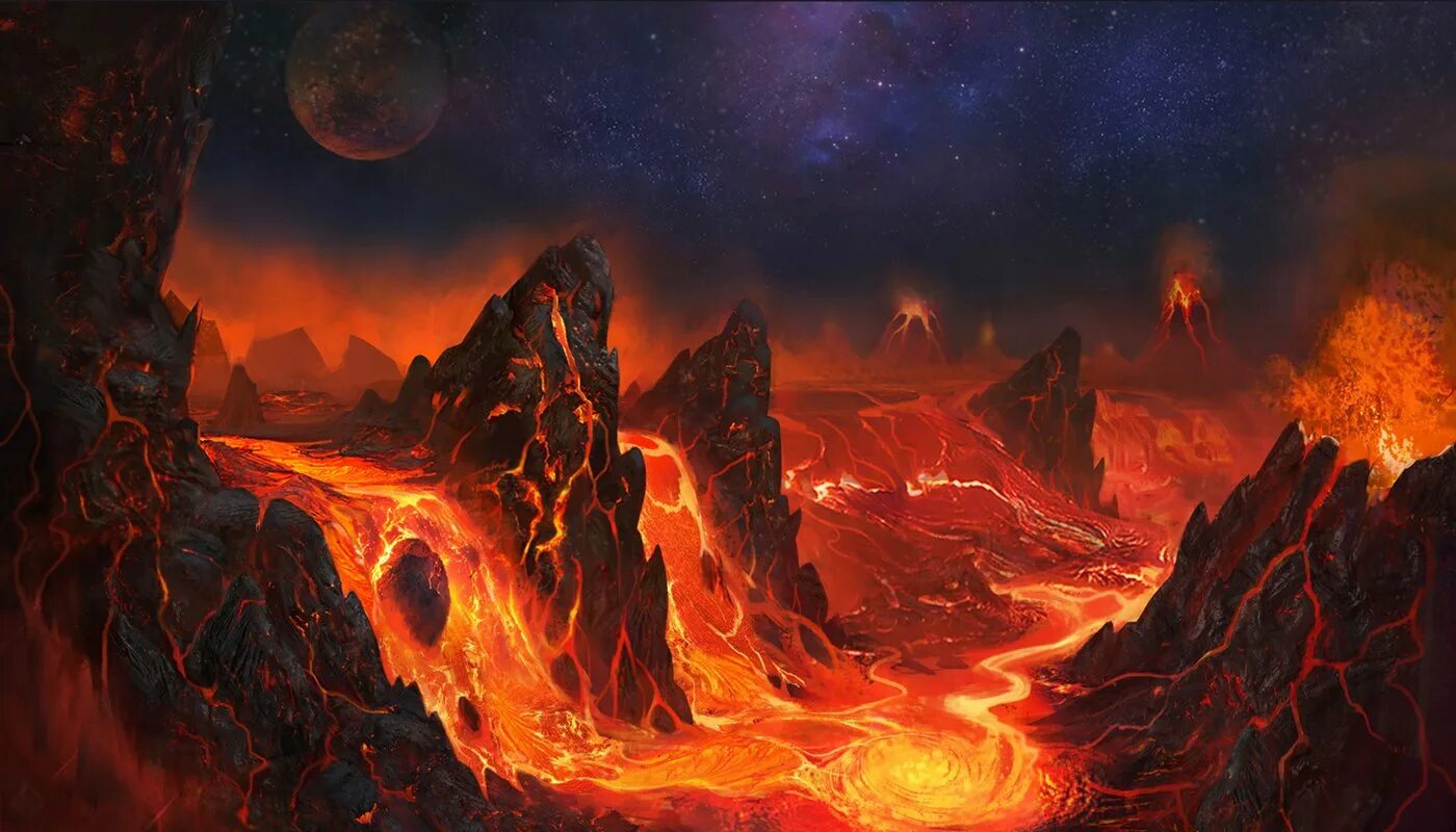 лава арт. озеро лавы арт. фэнтези пейзажи. жерло магма арт. магический вулкан.