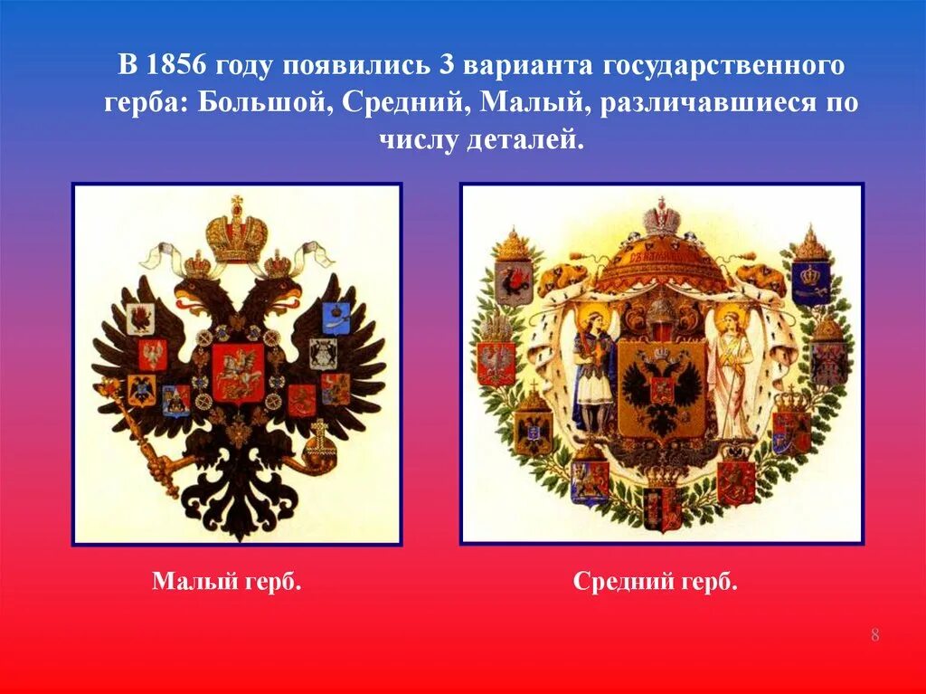 Символы россии 5 класс обществознание. Герб России 1856 год. Малый средний большой герб. Герб 1856 года. Символы государственных гербов.