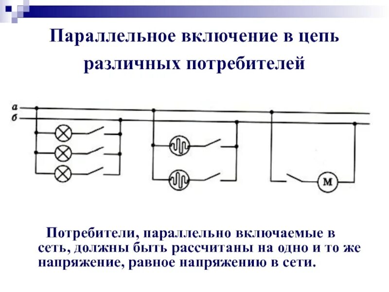 Параллельное включение в цепь различных потребителей. Параллельное соединение электрической цепи. Схема параллельного соединения потребителей. Параллельное соединение сети.