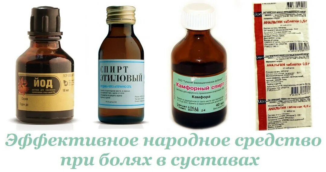 Что можно при болях в суставах. Растирка 300 мл спирта 10 мл йода 10 мл камфорного спирта 10 табл анальгина. Спиртовая настойка для компресса.