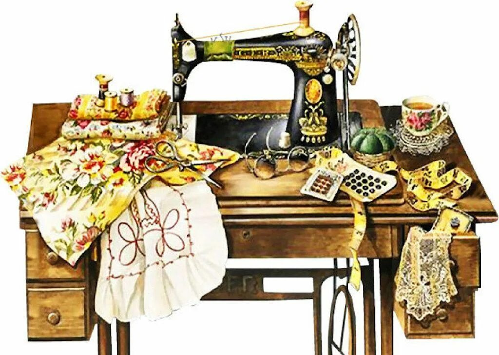 Винтажная швейная машинка. Рукоделие шитье. Старинная швейная мастерская. Швейные иллюстрации. Открытка с днем портного