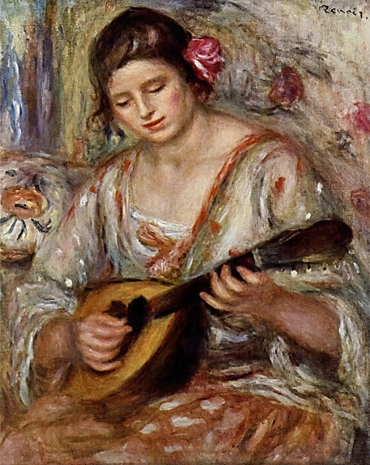 Музыкальный портрет. Женщину с мандолиной 1919 Ренуар. Огюст Ренуар женщина с мандолиной. «Женщину с мандолиной» (1919). Пьер Огюст Ренуар картины ltdeirf c vfylfkbyjq.