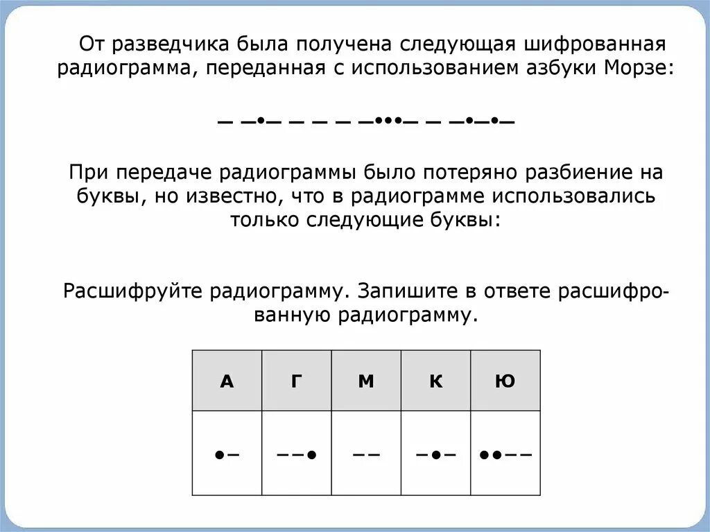 От разведчика была получена следующая шифрованная. Следующая шифрованная радиограмма переданная с использованием. От разведчика была получена следующая шифрованная радиограмма. При передаче радиограммы было потеряно разбиение на буквы.