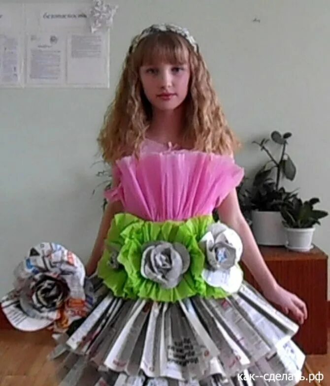 Самодельные конкурсы. Платье из бумаги. Платье из гофрированной бумаги для девочки. Платье из бросового материала. Костюм из бумаги для девочки.