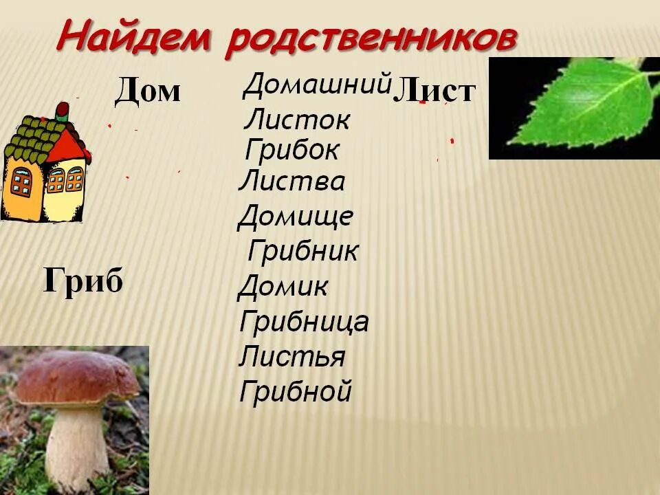 Общее представление о родственных словах. Слова родственники. Гриб однокоренные слова. Родственные слова 2 класс. Родственные слова презентация.