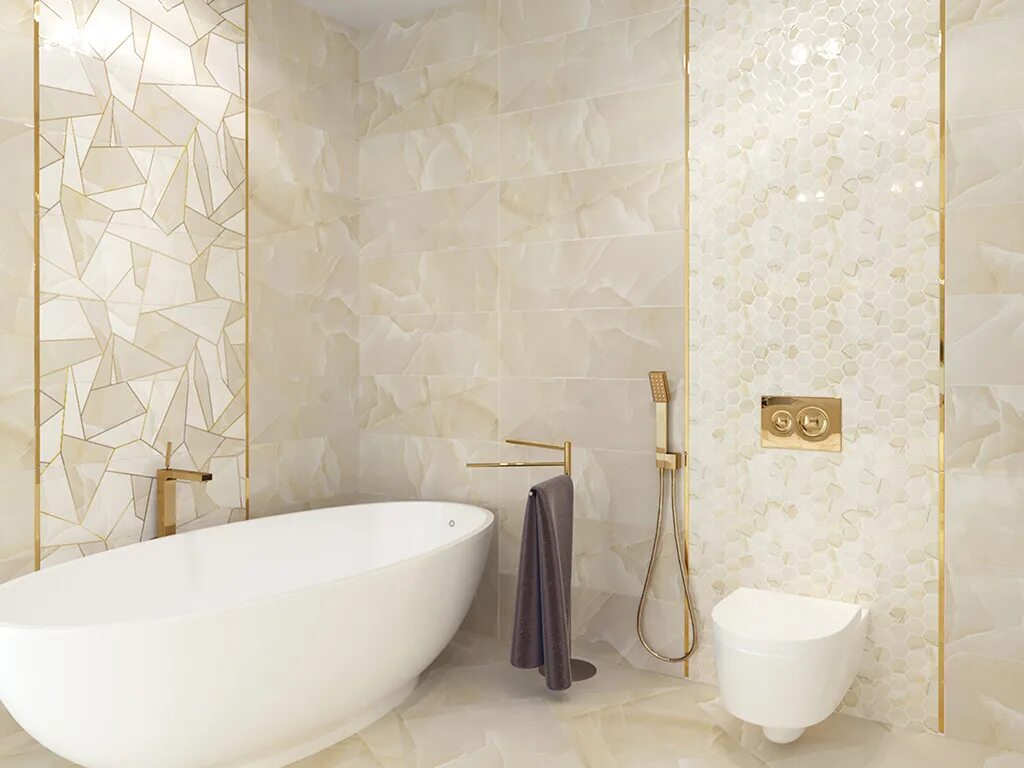 salle de bain pierre naturelle : murs en marbre blanc et onyx jaune et baignoire