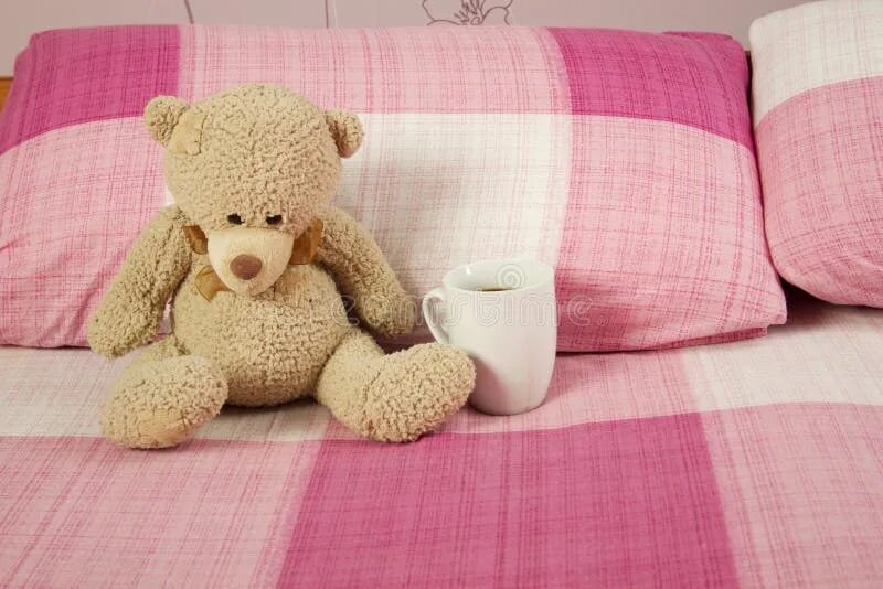 The teddy is on the bed