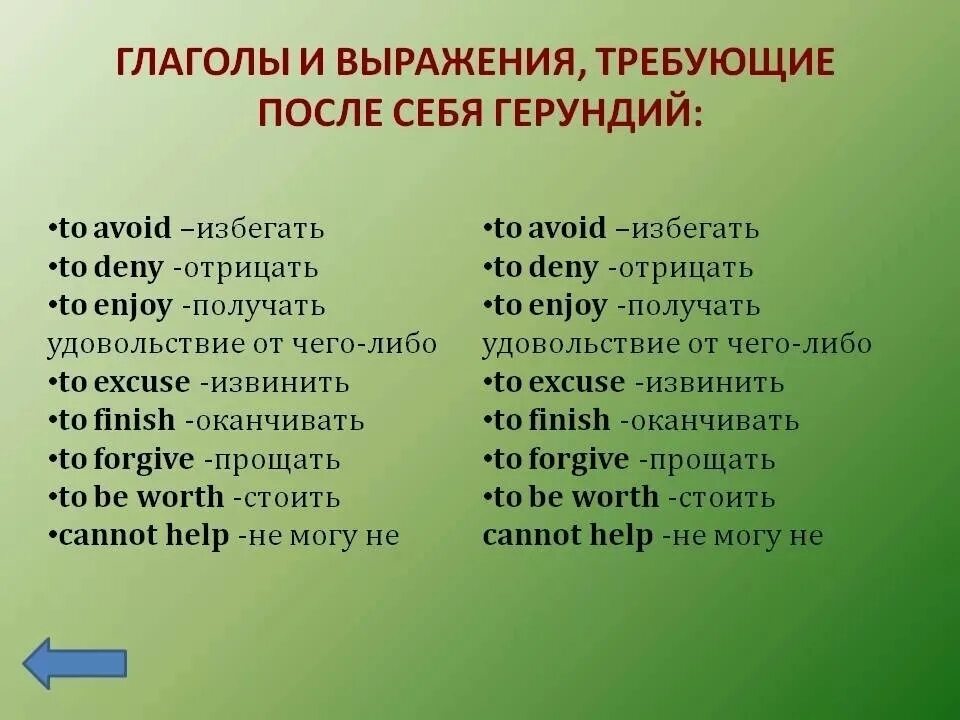 Глаголы после которых употребляется герундий. Глаголы требующие после себя герундий. Глаголы с герундием. Глаголы требующие герундия.