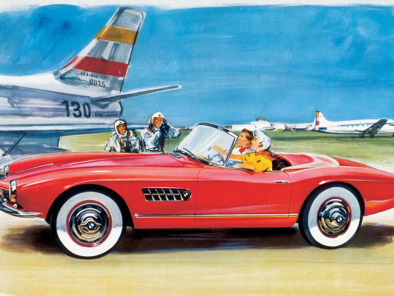 Car poster. BMW 507 Roadster (1956-1959). БМВ е50. Ретро плакаты авто. Ретро авто Постер.