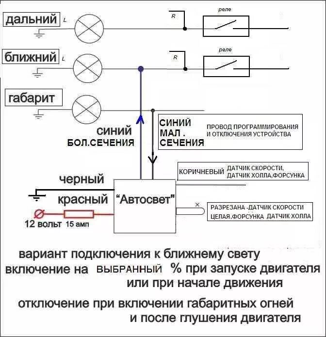 Как сделать автосвет. Схема включения ближнего света при запуске двигателя. схема автоматического включения света (автосвет). схема автоматического подключения ближнего света фар. схема автоматического включения ближнего света фар после запуска.
