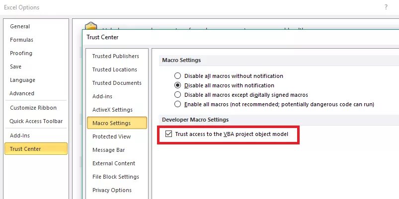 Vba excel 1004. Trust access to the vba project object model. trust access excel. access &amp; excel &amp; vba. macros settings &gt; enable all macros and check the box of trust access to the vba project object model.