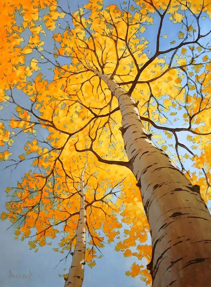 Снизу картины. Осеннее дерево. Осенняя береза. Рисунок осень. Осенний пейзаж дерево.