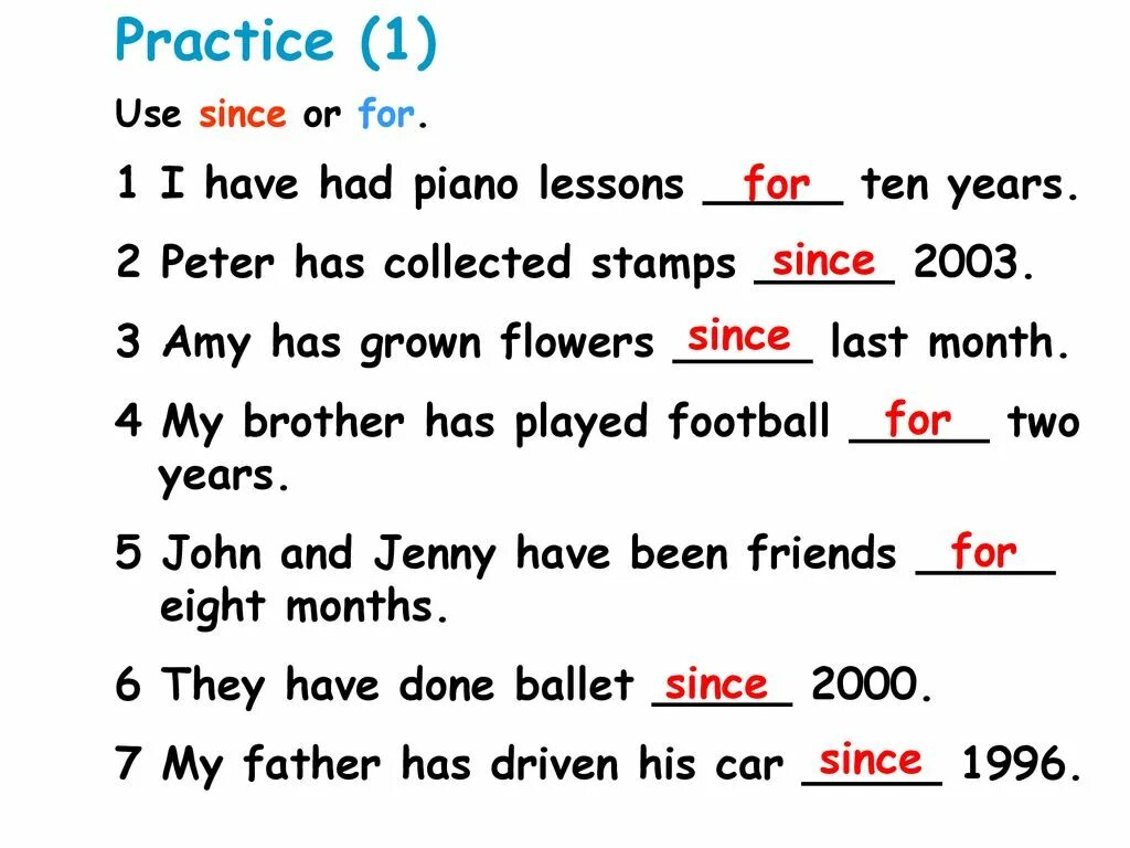 Since for present perfect. For или since present perfect. Present perfect since for правило. Разница since и for в present perfect.