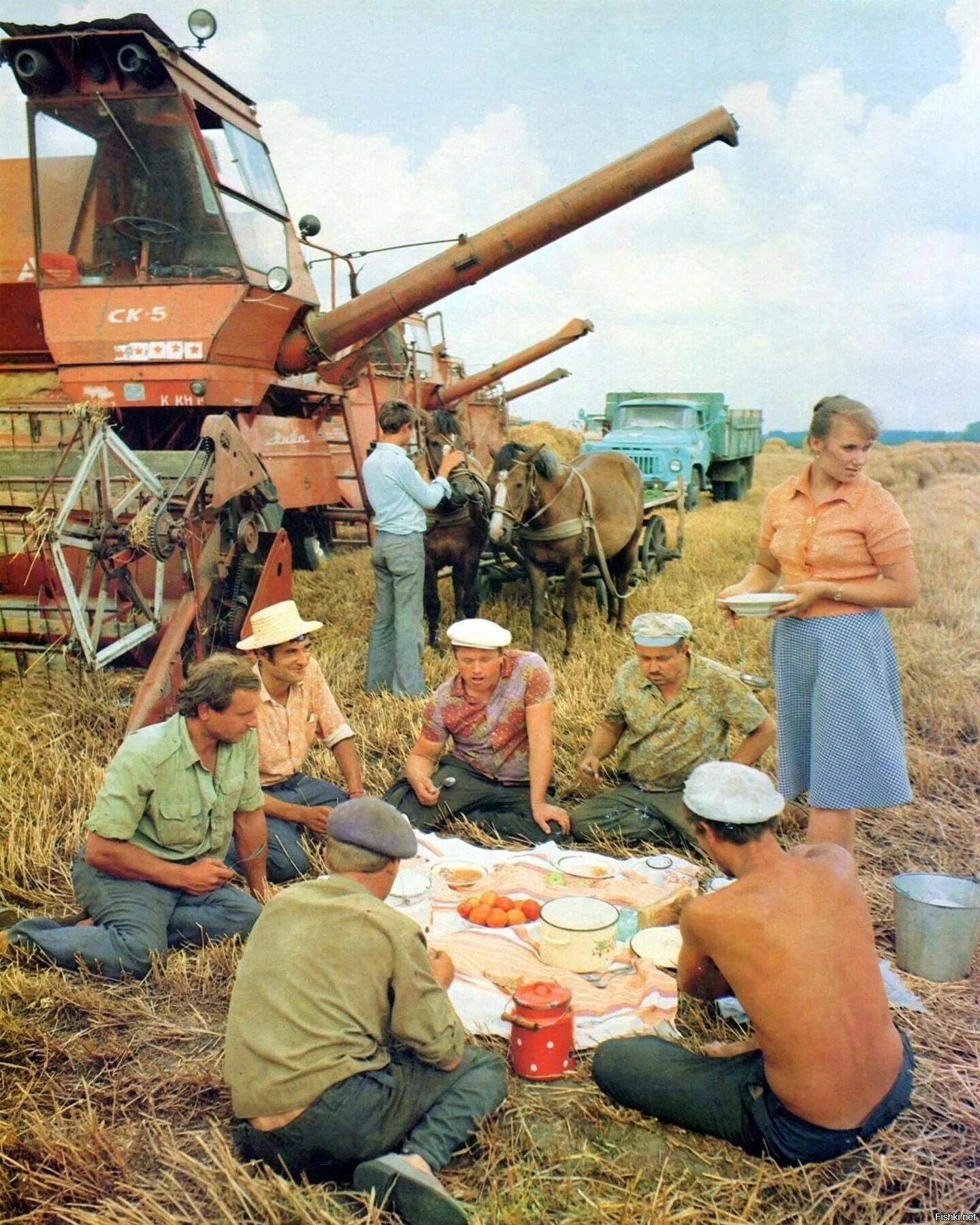 Обед комбайнёров СССР 1984. Обед комбайнеров в поле. Уборка урожая. Сельское хозяйство СССР.