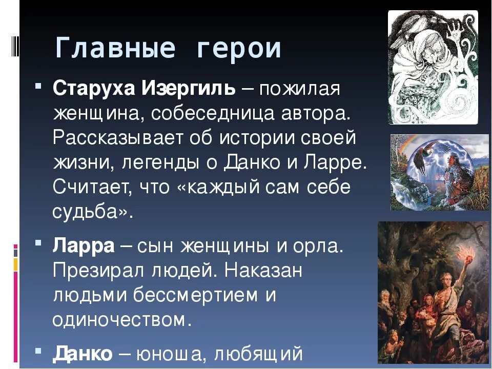 Горький краткие произведения. Горький м старуха Изергиль Легенда о Ларре. Старуха Изергиль герои. Главный герой старухи Изергиль. Герои рассказа старуха Изергиль.