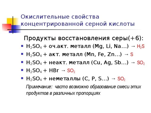 Соединения с концентрированной серной кислотой