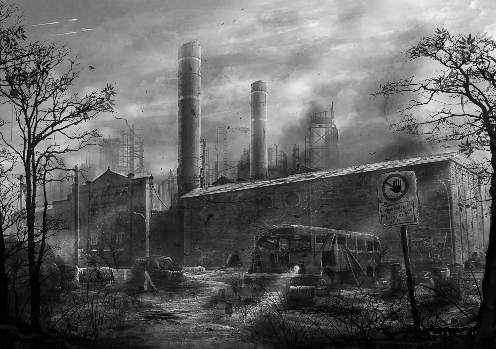 Мрачный завод. Мрачный Индустриальный пейзаж. Мрачный заброшенный город. Постапокалиптический пейзаж.