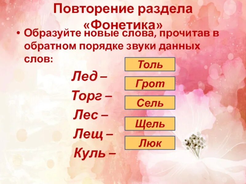 Произнести звуки в обратном порядке. Лёд в обратном порядке звуки. Образуйте новые слова. Обратный порядок слов. Мог в обратном порядке звуки.