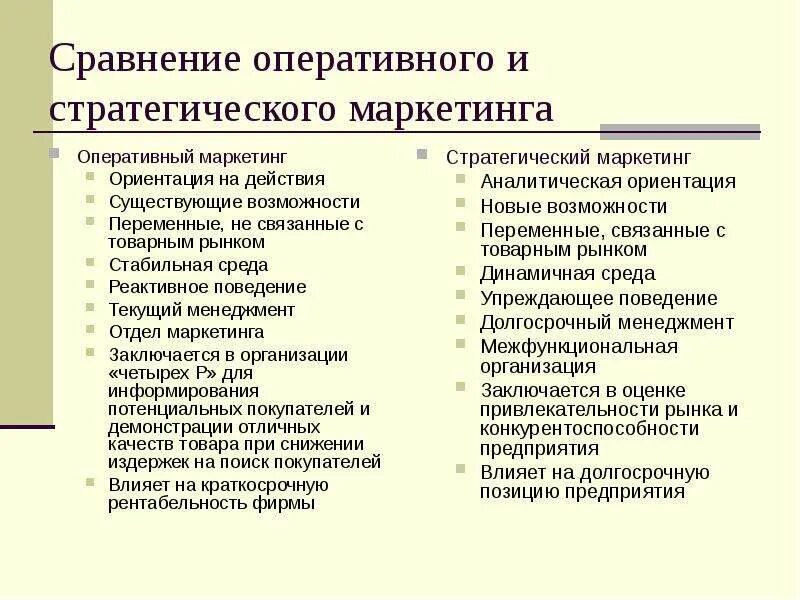 Маркетинговые стратегии управления. Оперативный маркетинг. Оперативный маркетинг и стратегический маркетинг. Задачи оперативного маркетинга. Составляющие стратегического маркетинга.