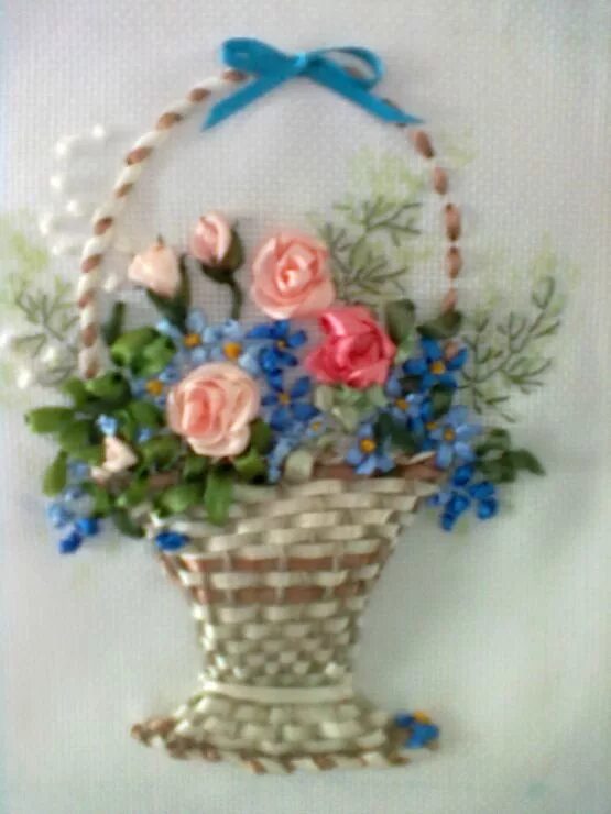 Корзинка из мыла и ленточек. Корзина атласными лентами. Корзина атласными лентами. Корзина атласными лентами. Вышивка лентами корзина с цветами.