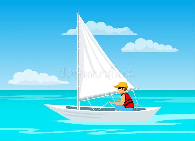 Путешественник переплыл спокойное озеро на яхте. Поплавать на паруснике. Яхта с парусами из мультфильма. Море Парус вектор. Картинка человек на плывущего парусника.