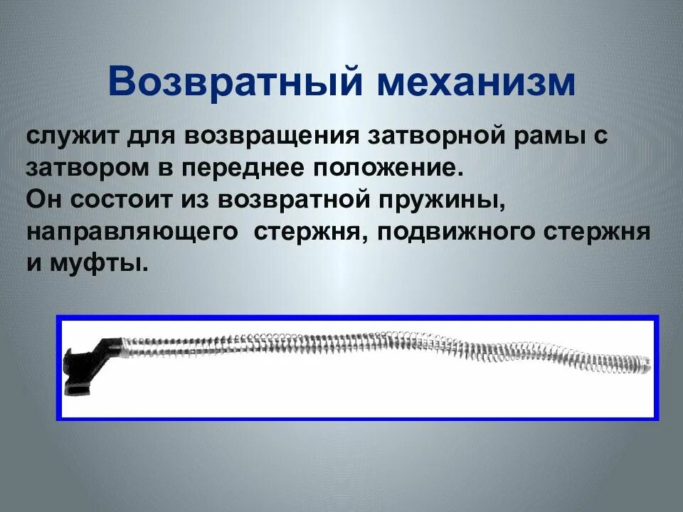 Назначения механизмов ак 74. Возвратная пружина АК 74 Назначение. АК 74 возвратный механизм предназначение. Возвратный механизм АК-47 служит. Назначение возрастного механизма АК 74.