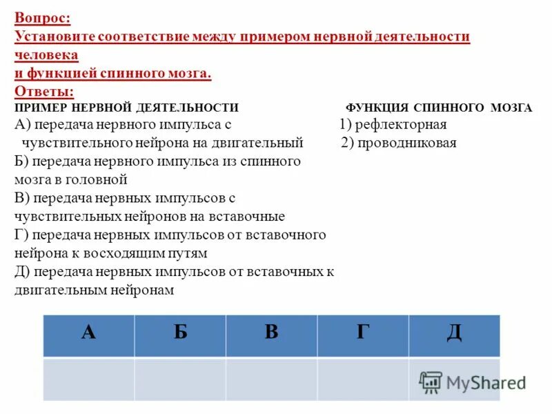 Соответствие между отделами центральной нервной системы. Установите соответствие между примерами нервной деятельности. Рефлекторная и проводниковая функции. Функции спинного мозга. Установите соответствие между признаками и царствами организмов.