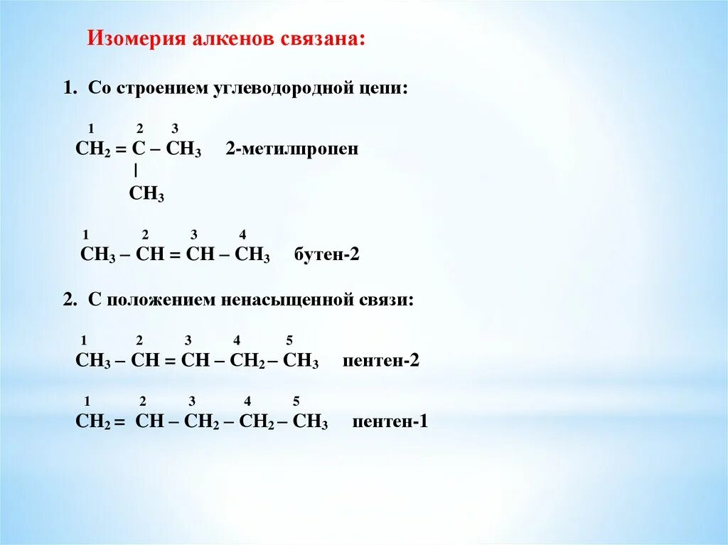 Изомерия цепи алкенов. Структурная изомерия алкенов примеры. Типы изомерии алкенов.