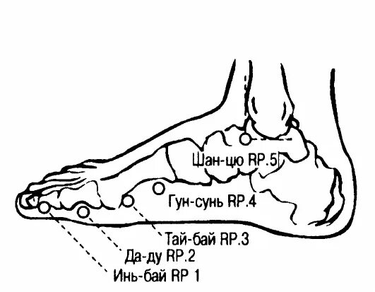 Rp4 точка акупунктуры. Точка гунь-Сунь. Точка Rp-4 гунь-Сунь.. Точка rp3 Тай-бай.