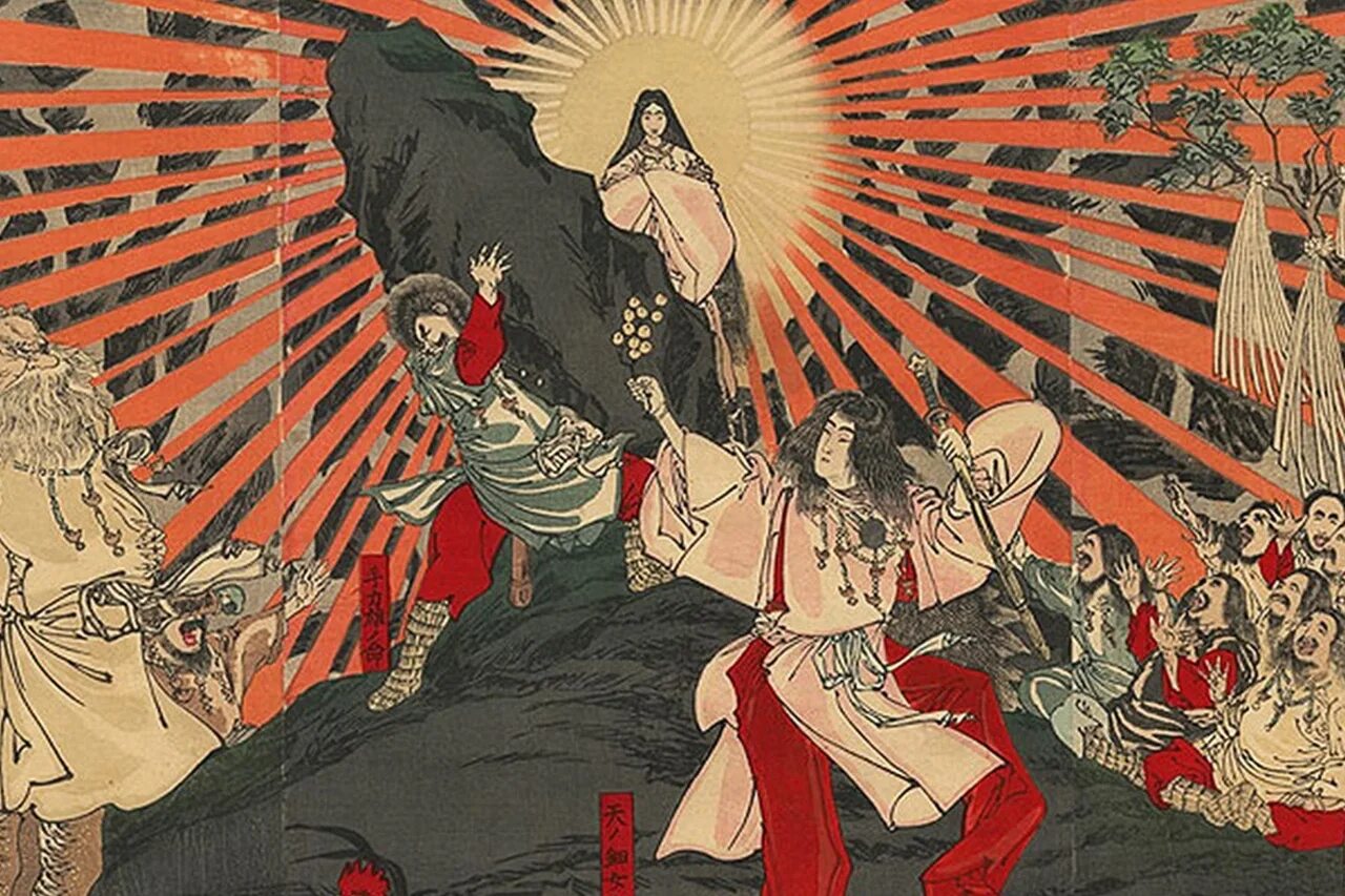 Бог развлечений. Аматэрасу богиня солнца в Японии. Аматэрасу богиня солнца синтоизм. Японская богиня солнца Аматэрасу гравюра. Идзанаги и Идзанами Аматэрасу.
