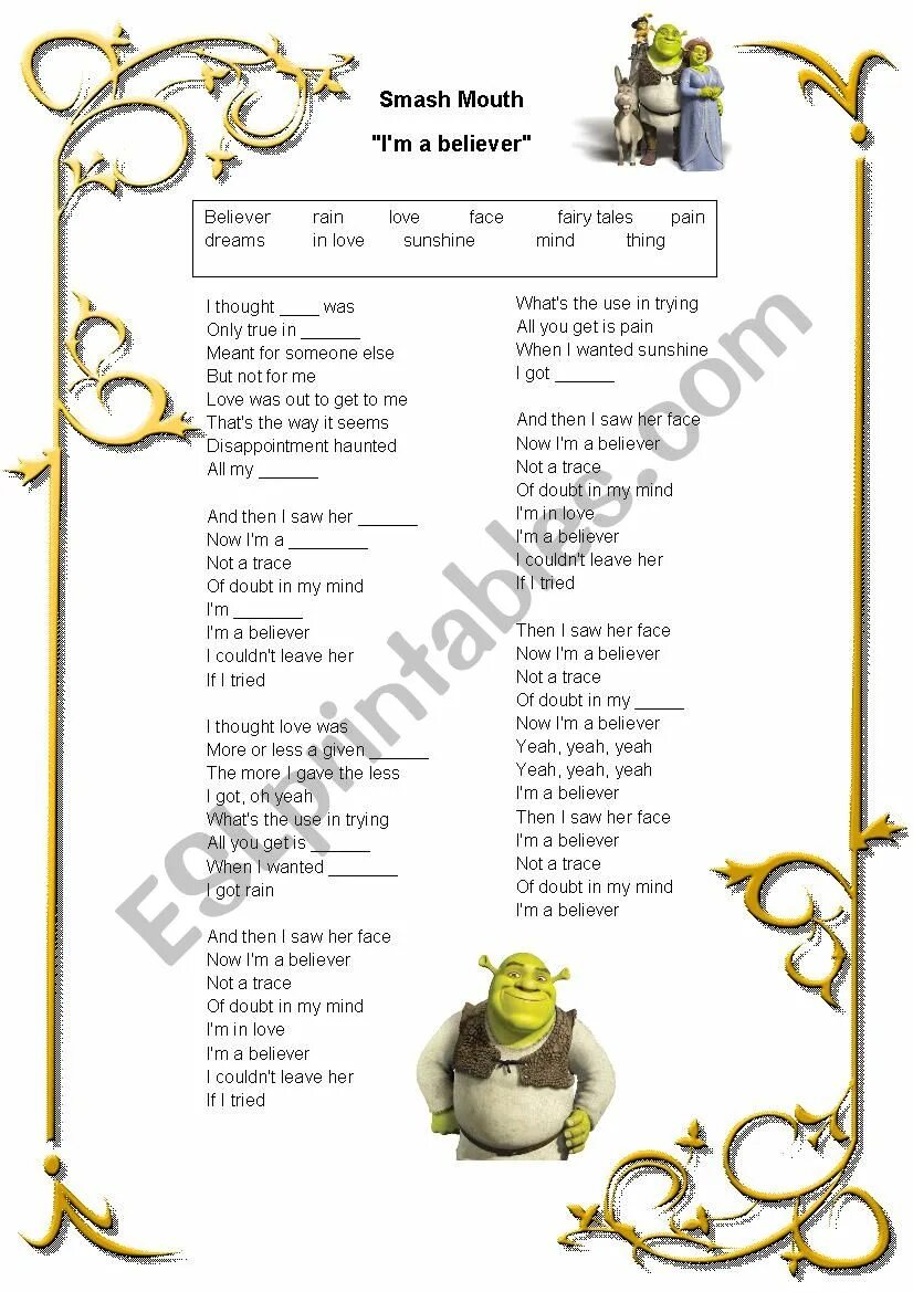 Песня шрека на английском. Shrek Worksheets. Беливер Шрек. Im a Believer Шрек. Shrek Song Worksheets.