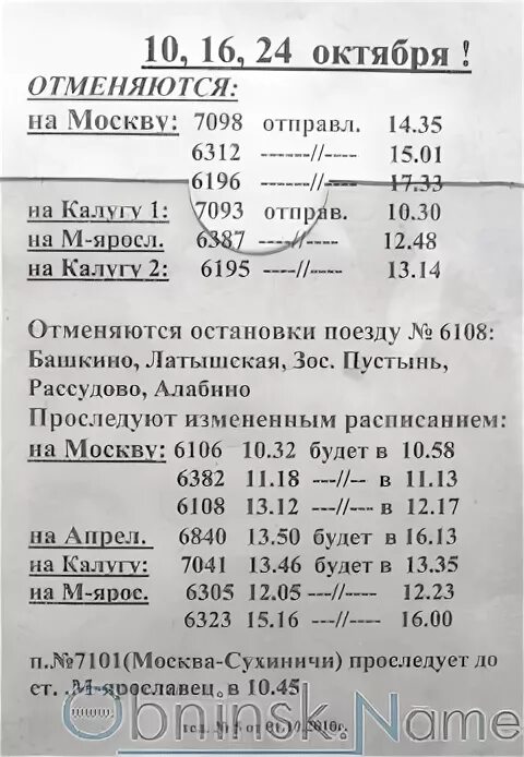 Расписание электричек киевская обнинское