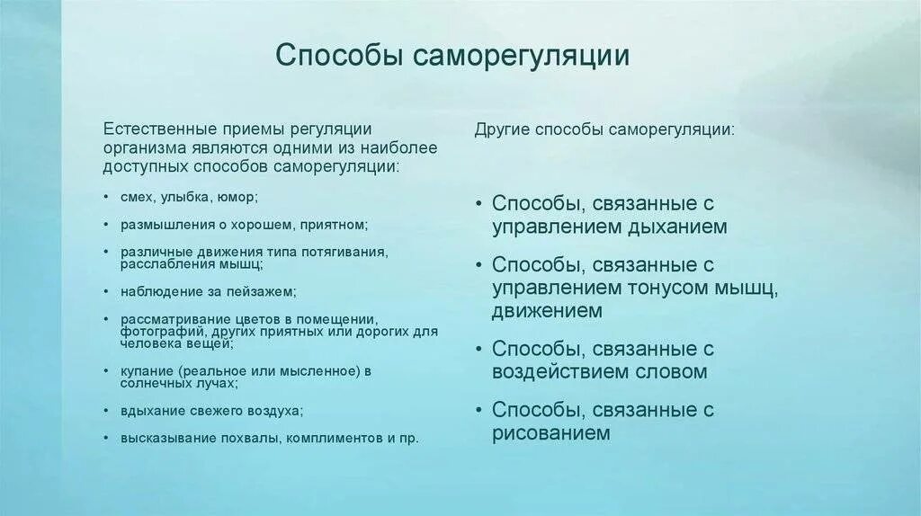 Прием саморегуляции поведения. Способы саморегуляции. Методы и приемы саморегуляции. Способы саморегуляции психического состояния. Психическая саморегуляция методики.