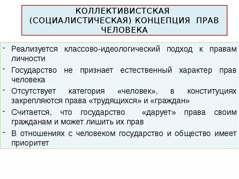 Социалистическое право страны. Концепции прав и свобод человека. Социалистическая концепция прав человека. Коллективистская концепция прав.