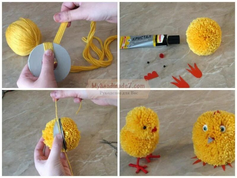 Поделки из ниток. Поделка цыпленок. Цыпленок из ниток. Поделка цыпленок. Поделки из помпонов.